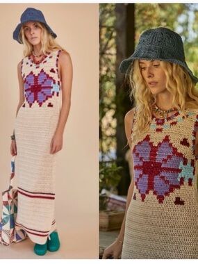 Hunter Bell NY Lilah cream Crochet Sleeveless Dress with Maroon & Teal Pattern M